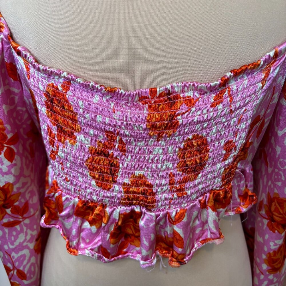 Topshop Rose Animal Print Satin Long Sleeve Crop Top Pink Red Size 8 #187 - Picture 6 of 11